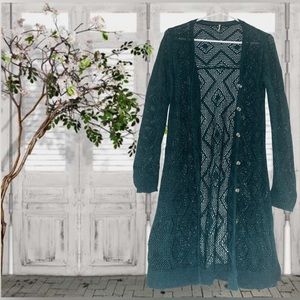 Free People teal button down long duster cardigan sweater